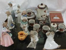 Assorted Lladro and Nao figures together with a stoneware part tea set etc