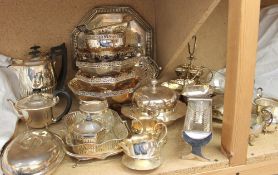 Assorted electroplated wares including hot water pots, pedestal dishes,