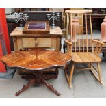 A pine side table together with a lap top desk, a pair of electroplated candlesticks,