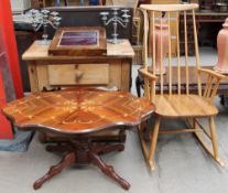 A pine side table together with a lap top desk, a pair of electroplated candlesticks,