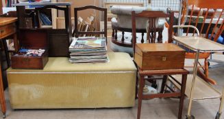 A walnut laptop desk together with a mahogany sewing box, an ottoman, records magazine rack,