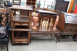 A reproduction burr walnut coffee table together with a similar nest of tables,