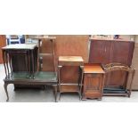 An Edwardian mahogany coal purdonium together with an oak umbrella stand, walnut coffee table,