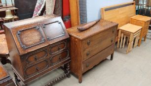 A 20th century oak bureau together with an oak chest of drawers, a modern double bed,