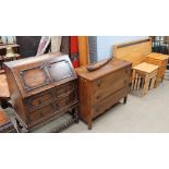 A 20th century oak bureau together with an oak chest of drawers, a modern double bed,