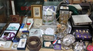 Assorted costume jewellery together with tiles, postcards, coins, electroplated wares, WWI medal,