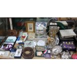 Assorted costume jewellery together with tiles, postcards, coins, electroplated wares, WWI medal,