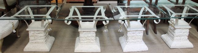 A set of four modern bevelled glass top sides tables with white painted and brick effect bases