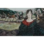 Sue Shields A wagon train with a figure in the foreground Watercolour Together with a Welsh Arts