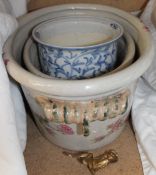 A Chinese blue and white porcelain jardiniere together with two pottery bowls etc