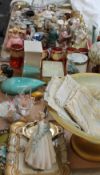 A silver part dressing table set together with other part dressing table sets, ruby glass beakers,