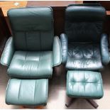 A green leather reclining elbow chair and footstool together with another similar example