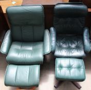 A green leather reclining elbow chair and footstool together with another similar example