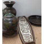 Two studio pottery vases together with a long studio pottery dish a charger