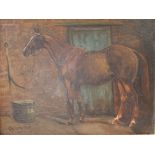 20th century British School Quickstep A study of a racehorse in a stable Oil on board initialled