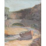 J D Kennedy A River scene with a boat in the foreground Oil on canvas Together with other pictures