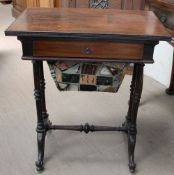 A late Victorian work table with a rectangular top with a ribbed top and drawer with a pull out