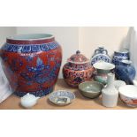 A large Chinese porcelain jardinière together with a ginger jar and cover, moon flask, vases,