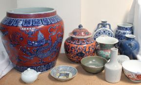 A large Chinese porcelain jardinière together with a ginger jar and cover, moon flask, vases,