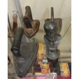 Three flat irons and a spelter bust