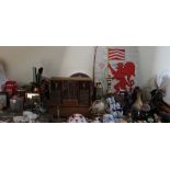 Two candlesticks, a vase and silkwork together with assorted ceramics, metalwares, porcelain masks,