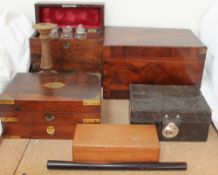 A 19th century walnut travelling cabinet set with scent bottles together with two other boxes,