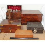 A 19th century walnut travelling cabinet set with scent bottles together with two other boxes,