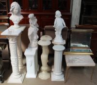 A matched pair of marble topped and cast resin columns with square bases together with other