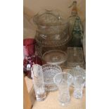 A Pilgrim's cranberry glass vase together with glass bowls, J C Brothwell glass bottle,