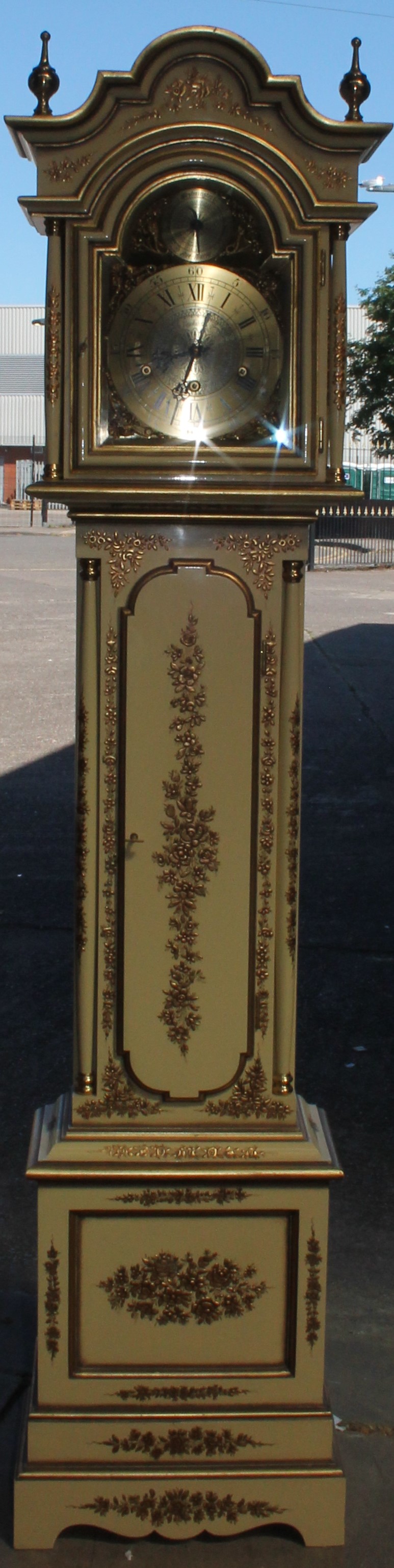 A Portuguese Reguladora cream and gilt decorated long case clock,