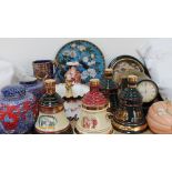 A pair of J Kent ginger jars and covers, together with Bells whisky decanters,