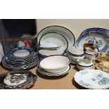 A Verona pattern blue and white pottery part dinner set together with another part dinner set,