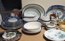 A Verona pattern blue and white pottery part dinner set together with another part dinner set,