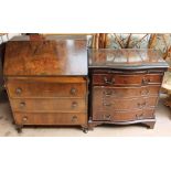 A reproduction walnut bureau together with a side cabinet in the form of a serpentine chest of