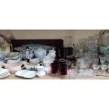 A Woods part tea service together with a glass tazza, ruby glass goblets, other glasswares,