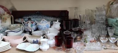 A Woods part tea service together with a glass tazza, ruby glass goblets, other glasswares,