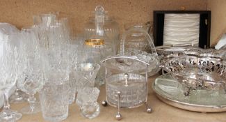 Assorted crystal drinking glasses together with a decanter, glass vases,