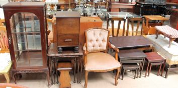 A mahogany display cabinet together with a walnut nest of tables, elbow chair,