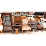 A mahogany display cabinet together with a walnut nest of tables, elbow chair,