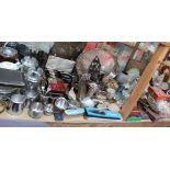 A large lot including an electroplated three-piece tea set, together with an electroplated tray,