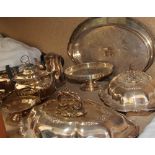 Assorted electroplated wares including entree dishes and covers, trays,