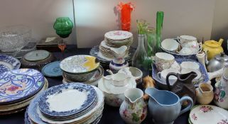 Blue and white meat plates together with pottery plates, barometer, part tea sets,