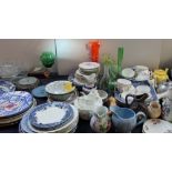 Blue and white meat plates together with pottery plates, barometer, part tea sets,