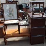 Two tile topped tables together with a coffee table, filing cabinet, oak barley twist table,