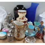 A Poole pottery part tea set together with glass vases, pottery figures,