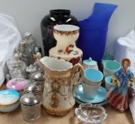 A Poole pottery part tea set together with glass vases, pottery figures,
