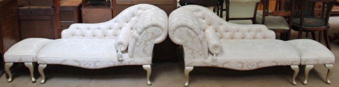 A pair of modern upholstered day beds in cream with matching foot stools