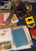 A collection of Riley Motor Company car badges together with World War I postcards, military books,