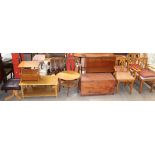 A camphor wood coffer together with a modern coffee table, side table, bookcase, magazine rack,