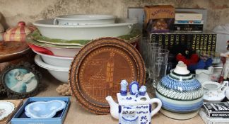 A set of Colin Dexter books together with card games, pottery wash basins, Wedgwood trefoil dish,